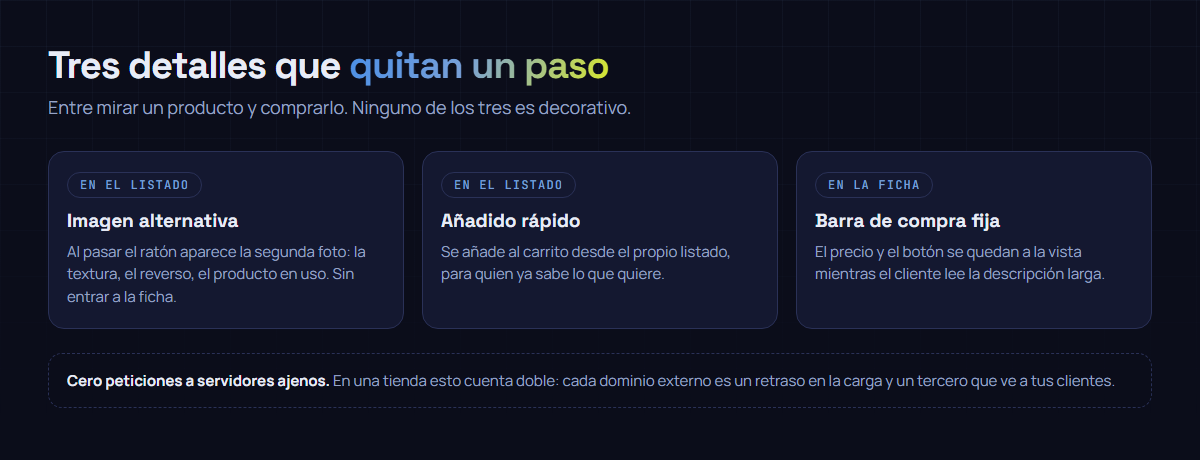 Los tres detalles de la tienda que se traducen en ventas: la imagen alternativa al pasar el ratón, el añadido rápido desde el listado y la barra de compra fija mientras se lee la ficha.