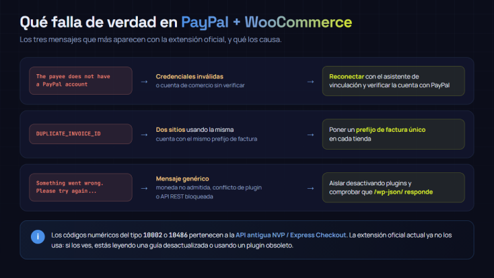Diagrama: errores reales de PayPal en WooCommerce