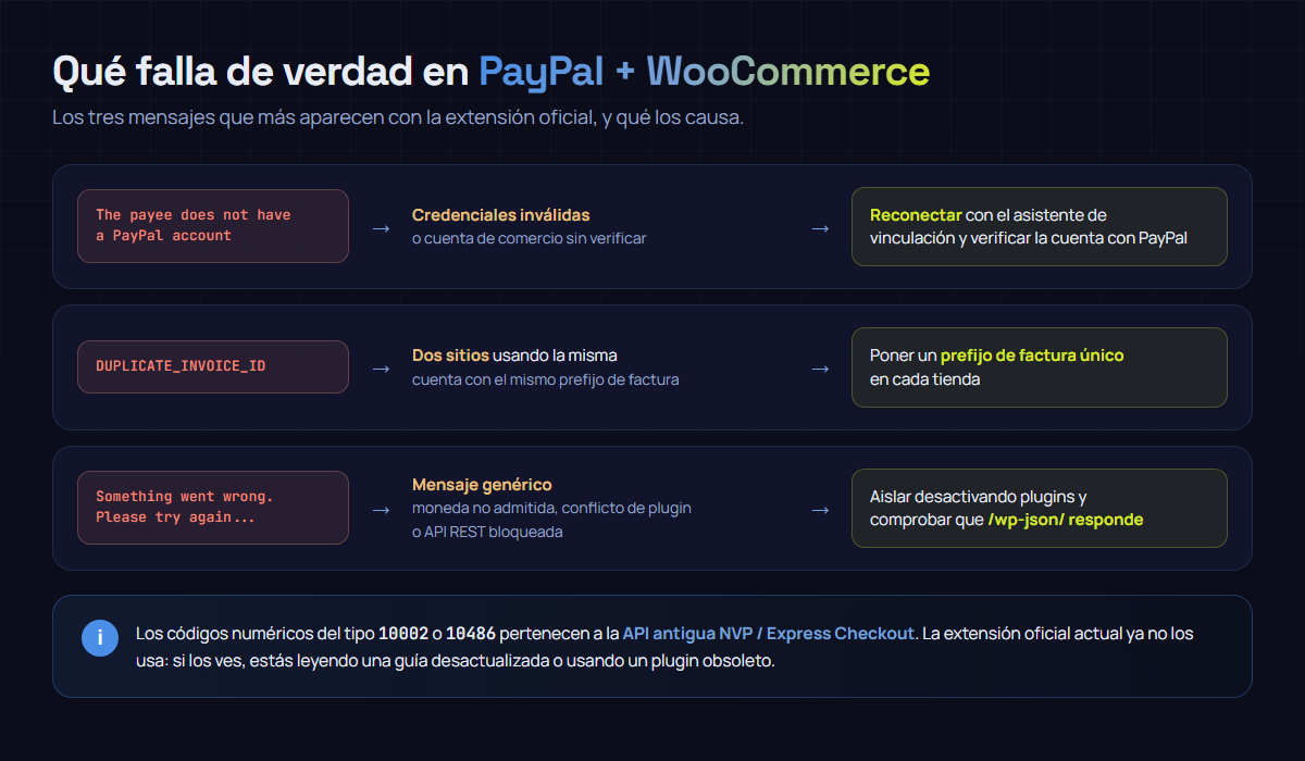 Mapa de los tres mensajes de error más frecuentes de WooCommerce PayPal Payments, con su causa y su solución, y una nota sobre los códigos numéricos obsoletos.