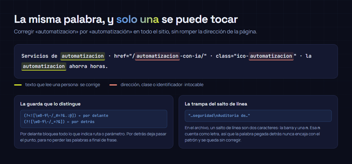 La palabra automatizacion aparece cuatro veces en una misma línea: en dos casos es texto que debe corregirse y en dos es parte de una dirección o de una clase CSS que hay que dejar intacta. Debajo, la guarda del patrón que las distingue.