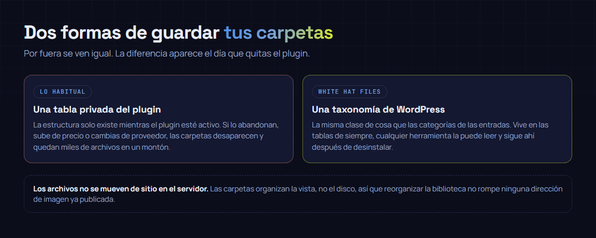 Dos formas de guardar las carpetas de medios: en una tabla privada del plugin, que desaparece al desinstalarlo, o como taxonomía estándar de WordPress, que sigue ahí después.