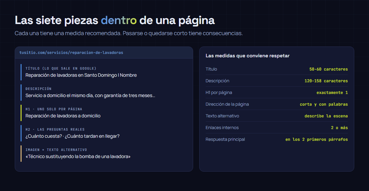 Anatomía de una página optimizada: dirección, título, descripción, un solo H1, los H2 como preguntas reales e imágenes con texto alternativo, junto a una tabla con las medidas recomendadas de cada elemento.