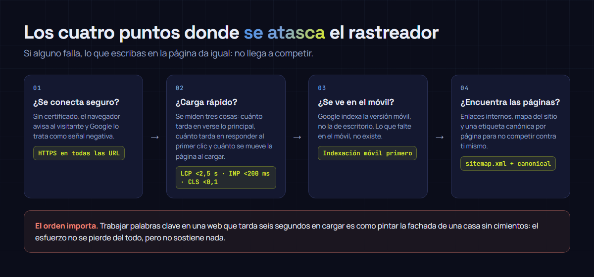 Recorrido del rastreador en cuatro etapas: conexión segura con HTTPS, velocidad con los umbrales LCP menor de 2,5 segundos, INP menor de 200 milisegundos y CLS menor de 0,1, versión móvil indexada primero, y estructura interna con sitemap y etiqueta canónica.