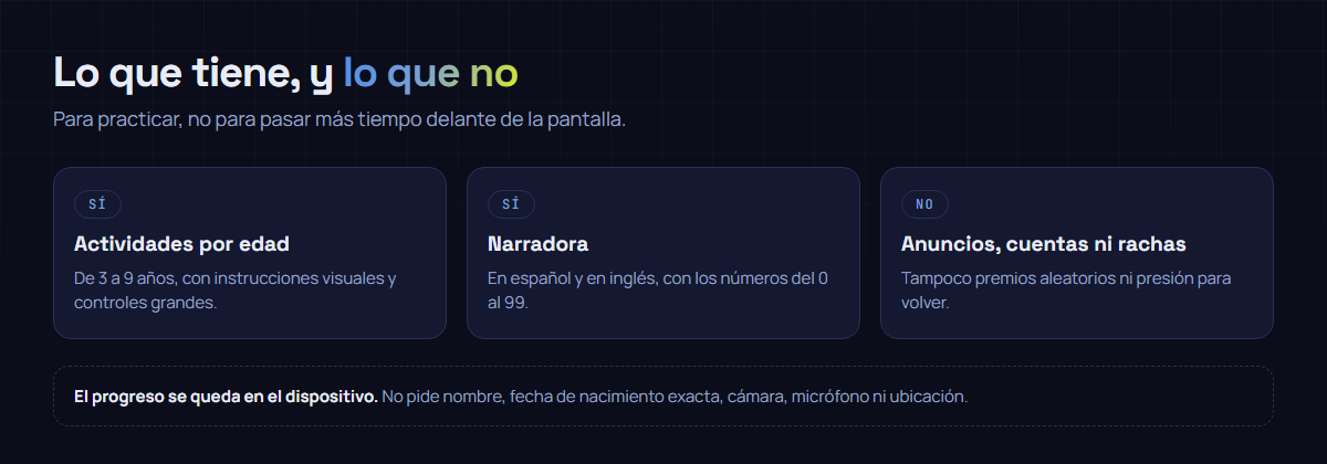 Lo que Mathoria deja fuera a propósito: anuncios, cuentas, rachas y premios aleatorios; y lo que sí tiene: actividades por edad, narradora y progreso local.